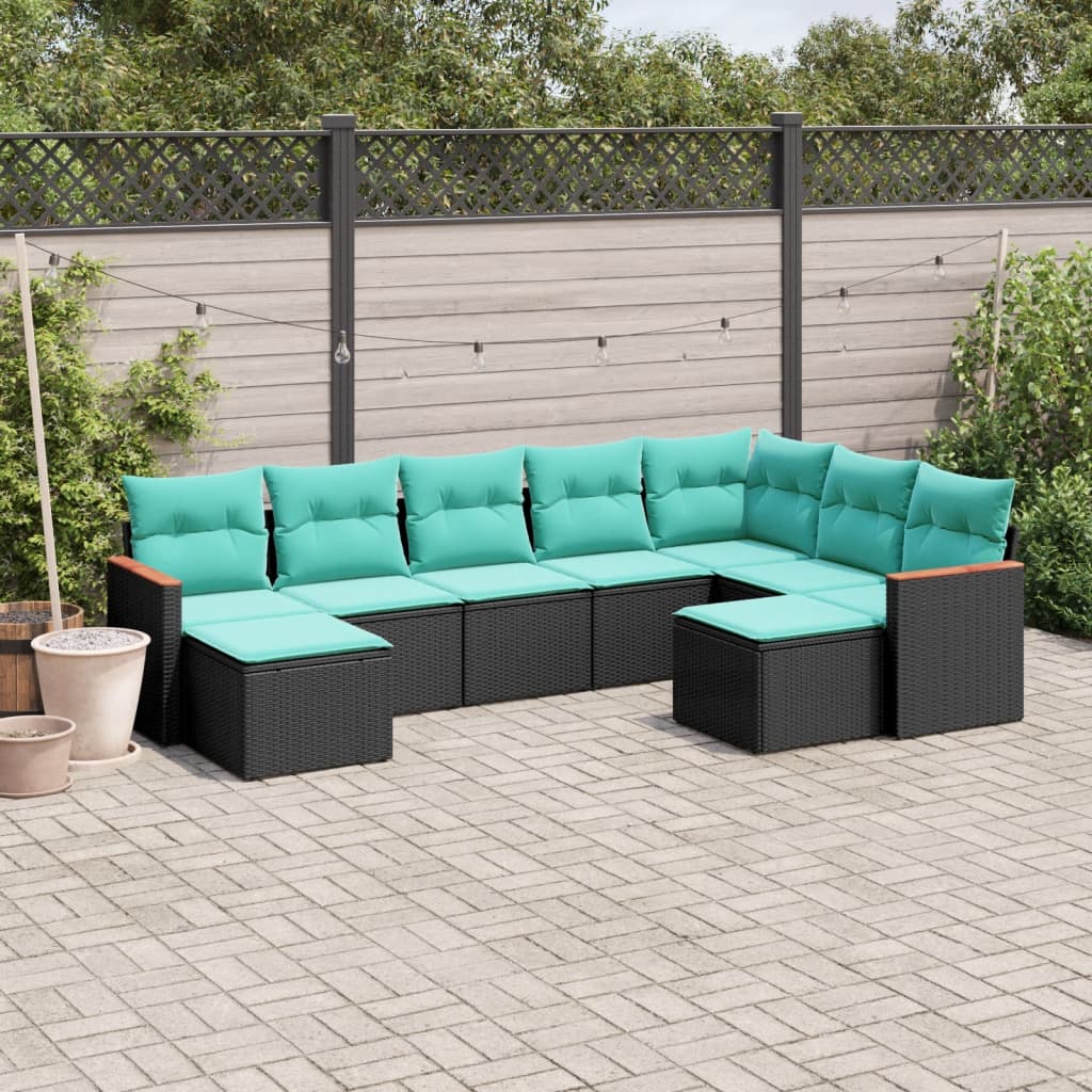 JUNG Vida 9-teiliges Gartensofa-Set mit Kissen, schwarzes Polyrattan