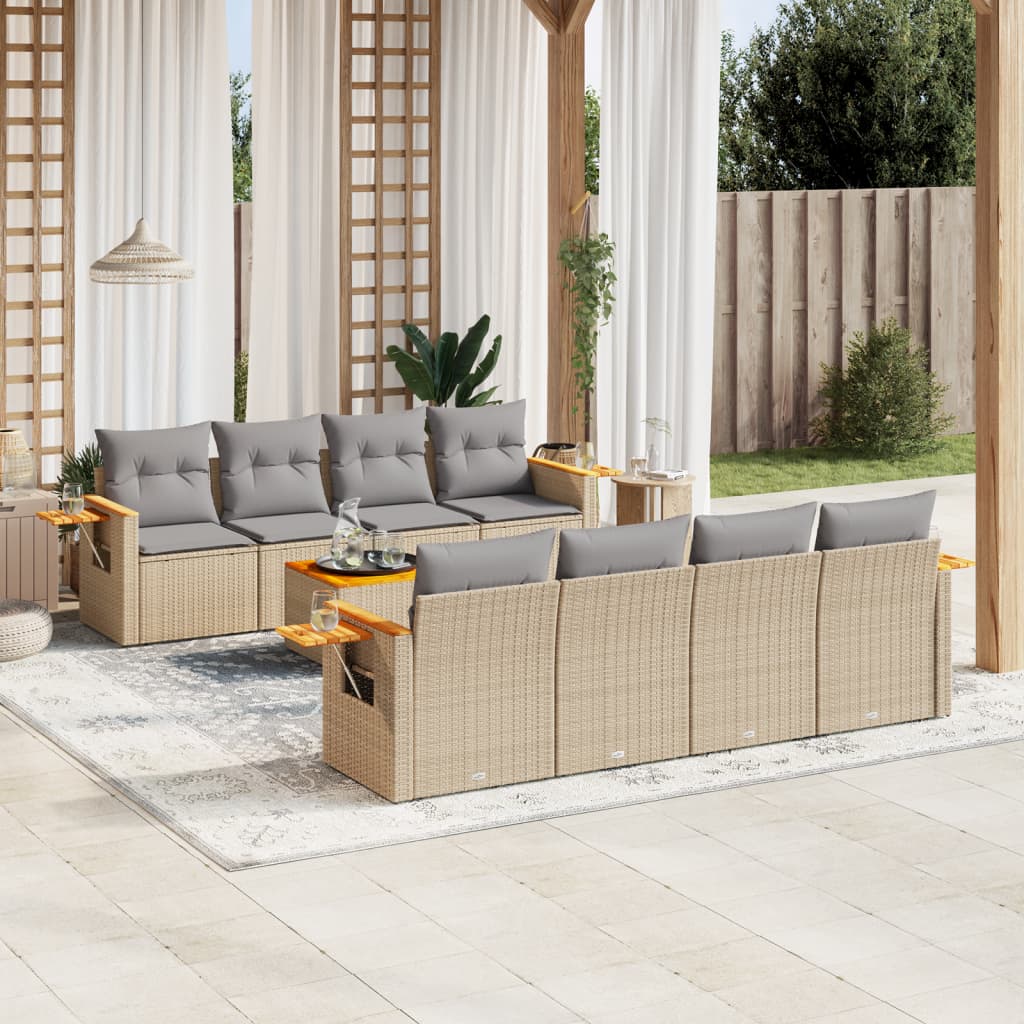 JUNG Vida 9-tlg. Garten-Sofagarnitur mit Kissen Beige Poly Rattan