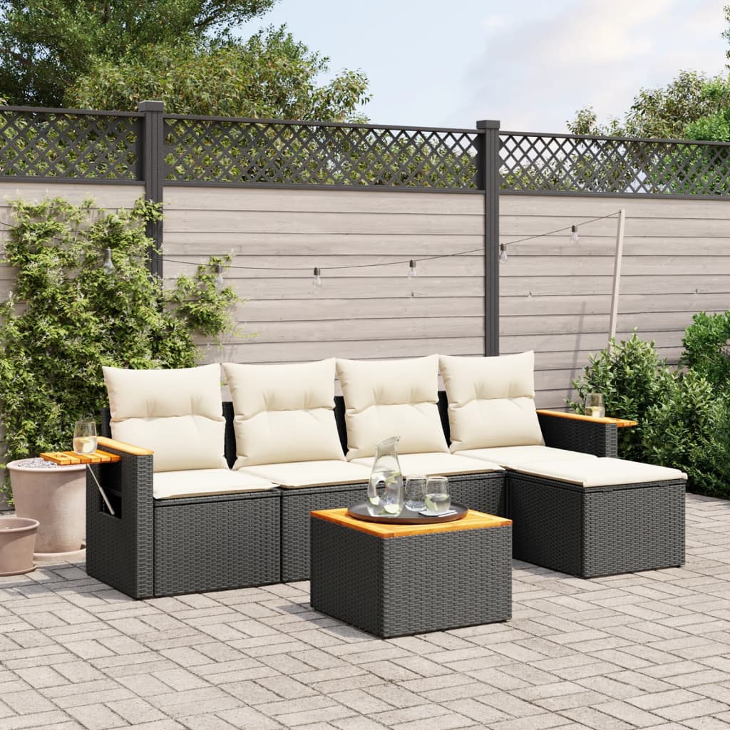 JUNG Vida 6-tlg. Garten-Sofagarnitur mit Kissen Schwarz Poly Rattan