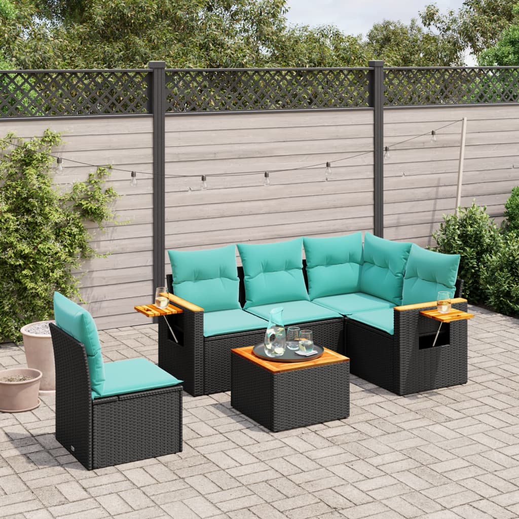 JUNG Vida 6-tlg. Garten-Sofagarnitur mit Kissen Schwarz Poly Rattan