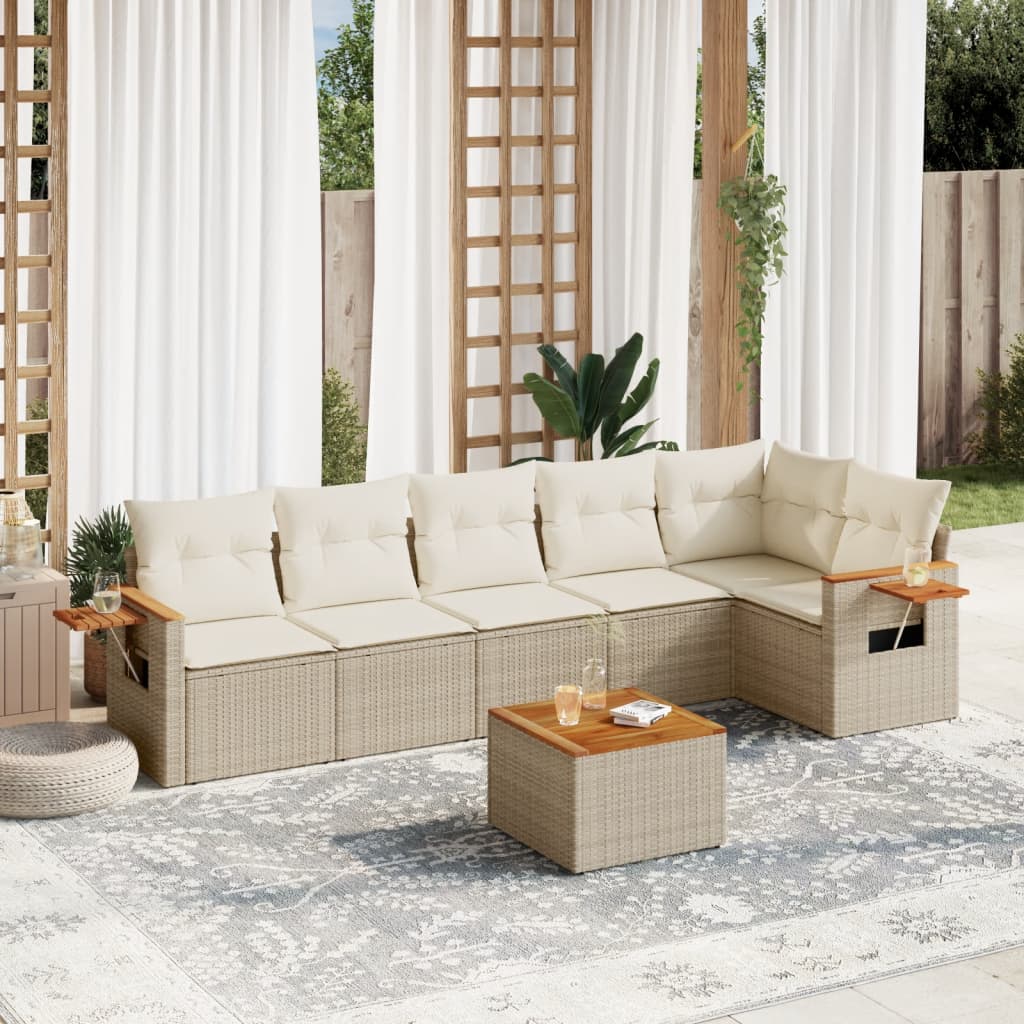 JUNG Vida 7-tlg. Garten-Sofagarnitur mit Kissen Beige Poly Rattan