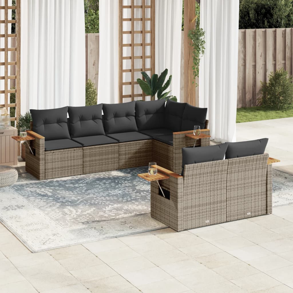JUNG Vida 7-tlg. Garten-Sofagarnitur mit Kissen Grau Poly Rattan