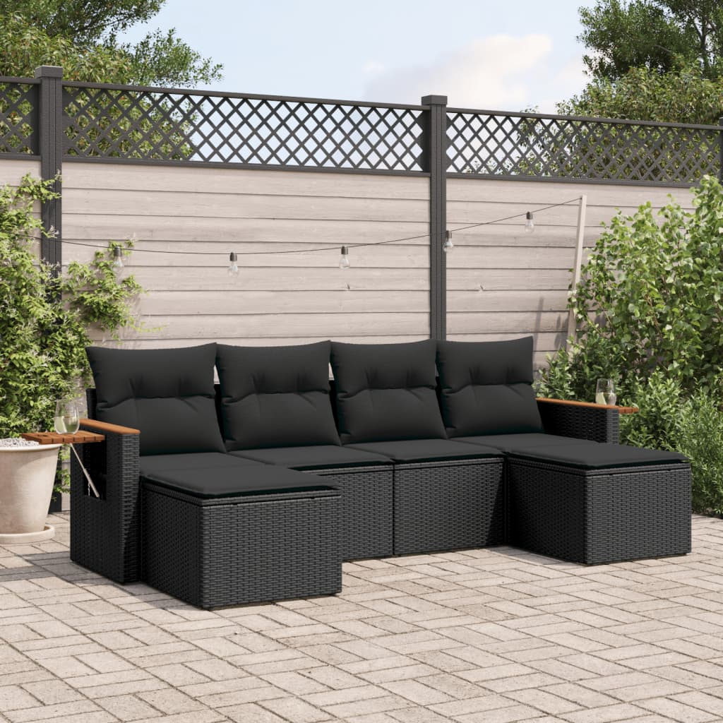 JUNG Vida 6-tlg. Garten-Sofagarnitur mit Kissen Schwarz Poly Rattan