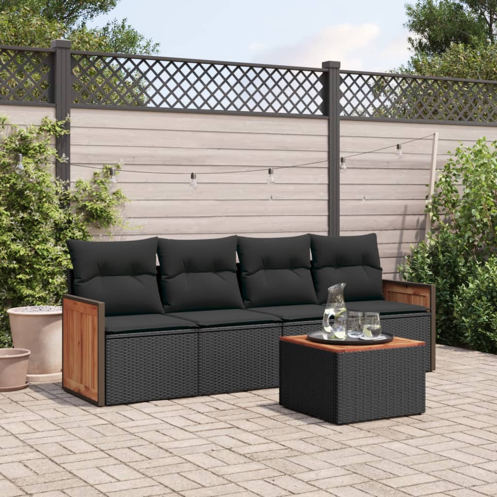 JUNG Vida 5-tlg. Garten-Sofagarnitur mit Kissen Schwarz Poly Rattan
