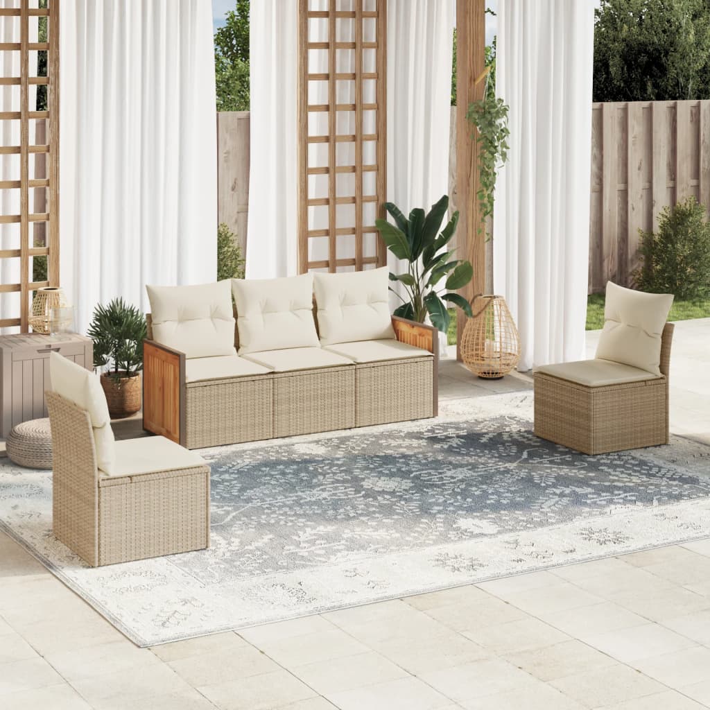 JUNG Vida 5-tlg. Garten-Sofagarnitur mit Kissen Beige Poly Rattan
