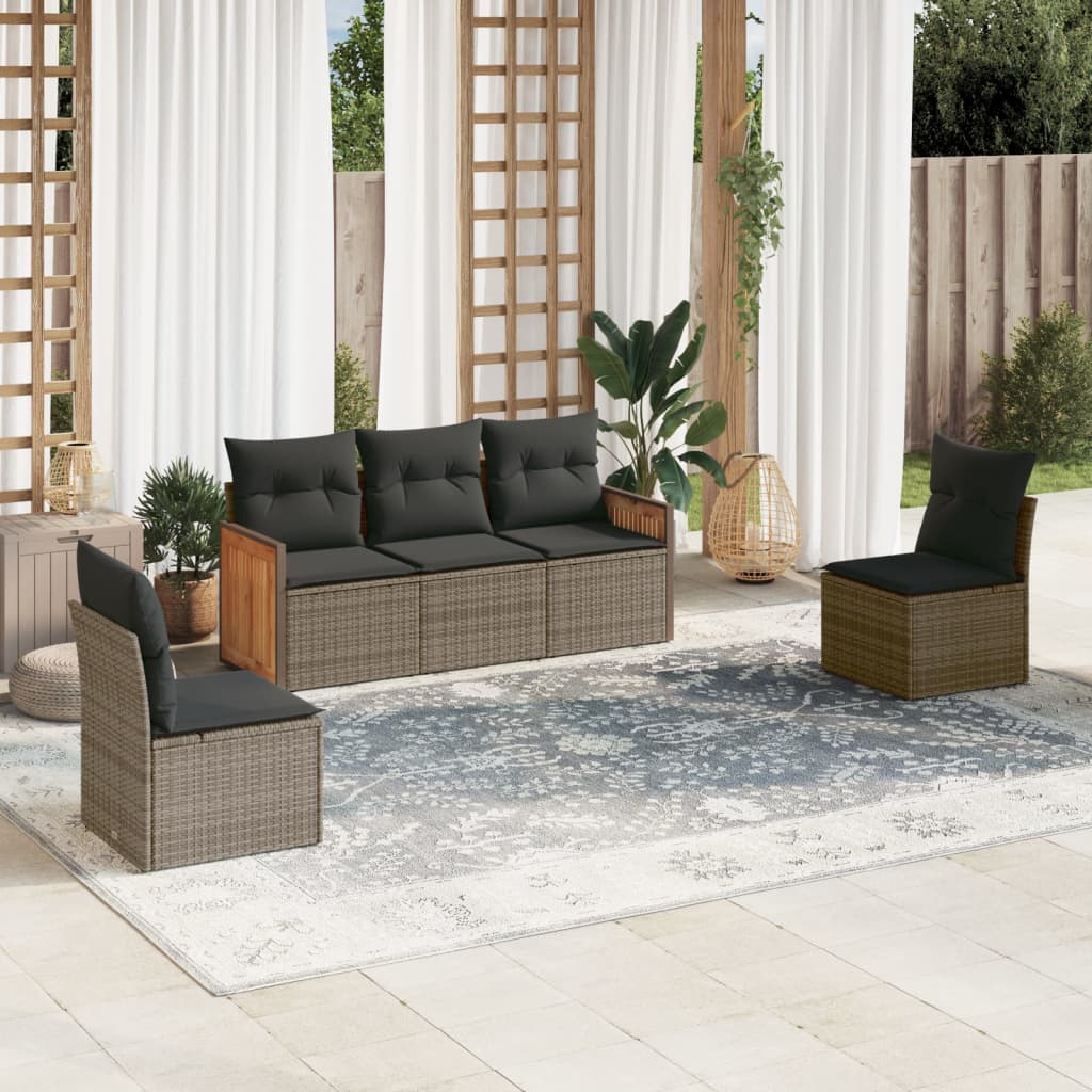 JUNG Vida 5-tlg. Garten-Sofagarnitur mit Kissen Grau Poly Rattan