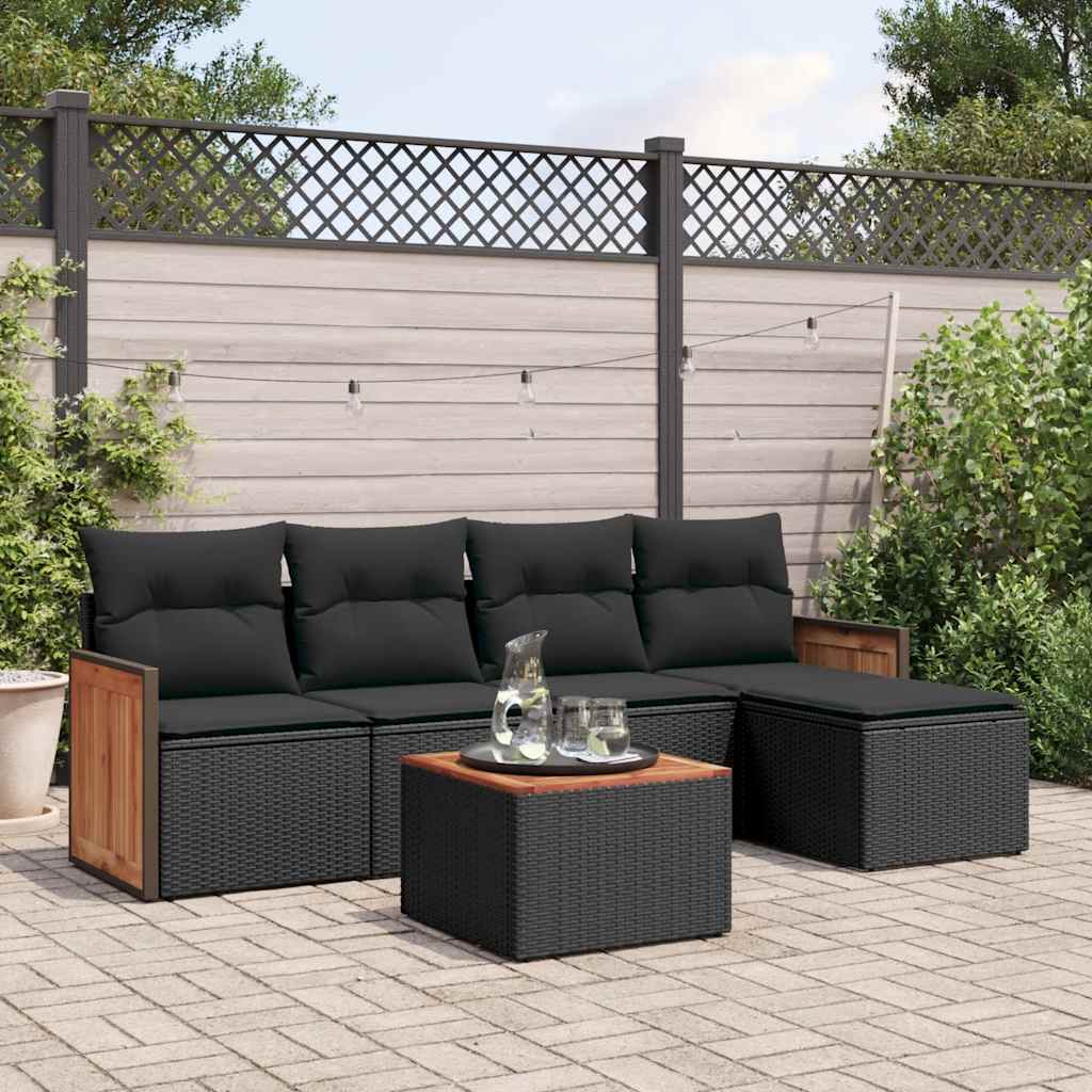 JUNG Vida 6-tlg. Garten-Sofagarnitur mit Kissen Schwarz Poly Rattan