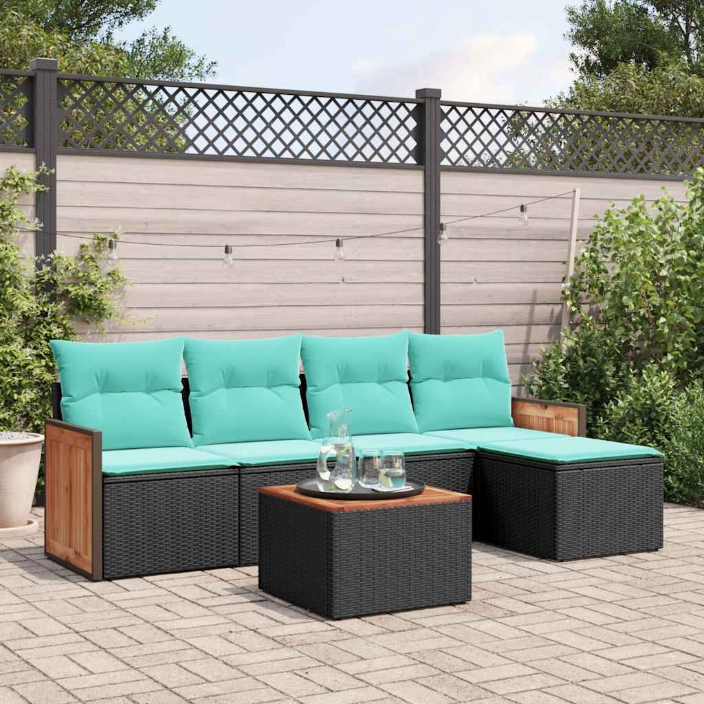 JUNG Vida 6-teiliges Gartensofa-Set mit Kissen, schwarzes Polyrattan