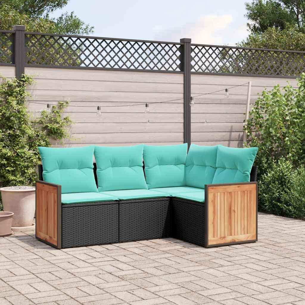JUNG Vida 4-teiliges Gartensofa-Set mit Kissen, schwarzes Polyrattan
