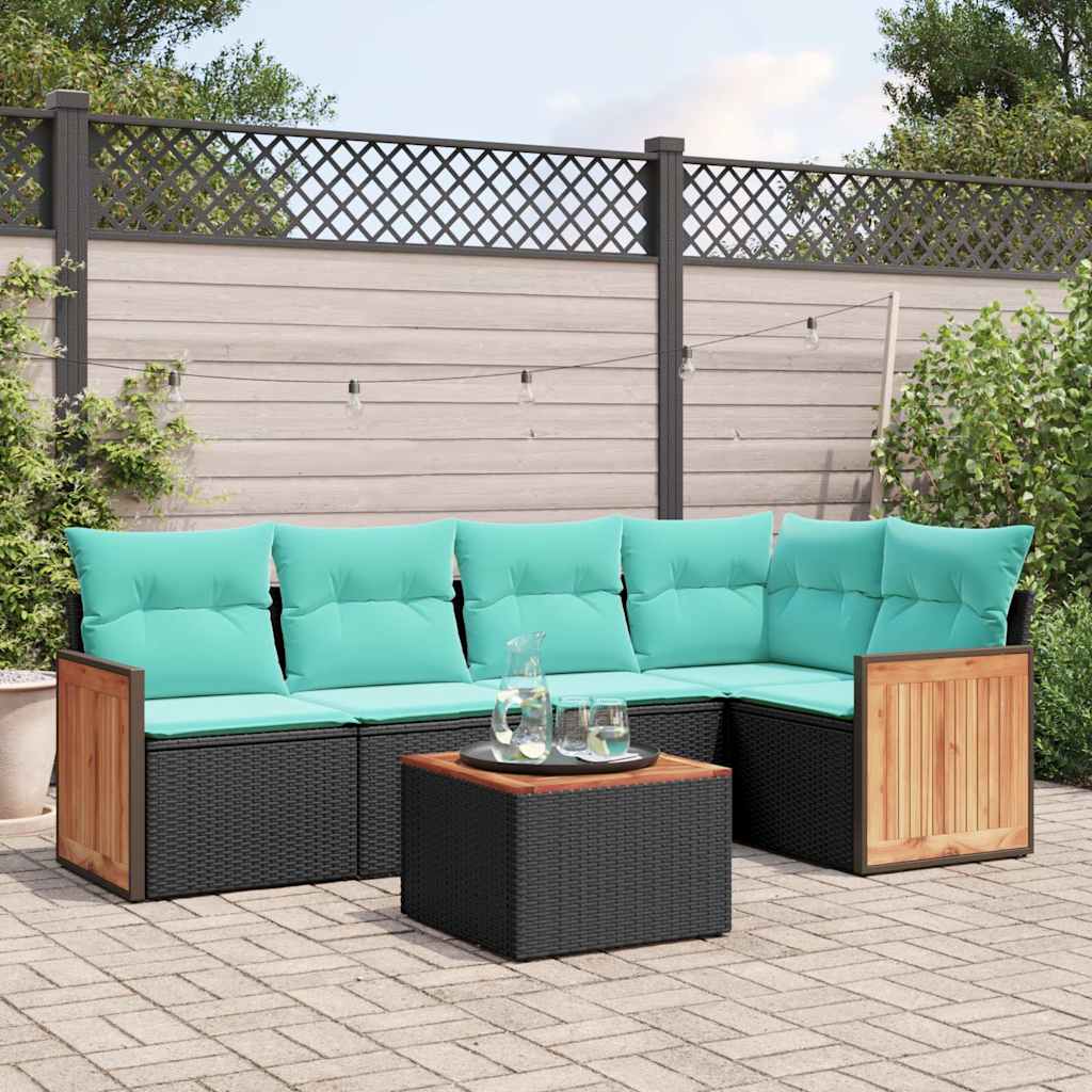 JUNG Vida 6-teiliges Gartensofa-Set mit Kissen, schwarzes Polyrattan