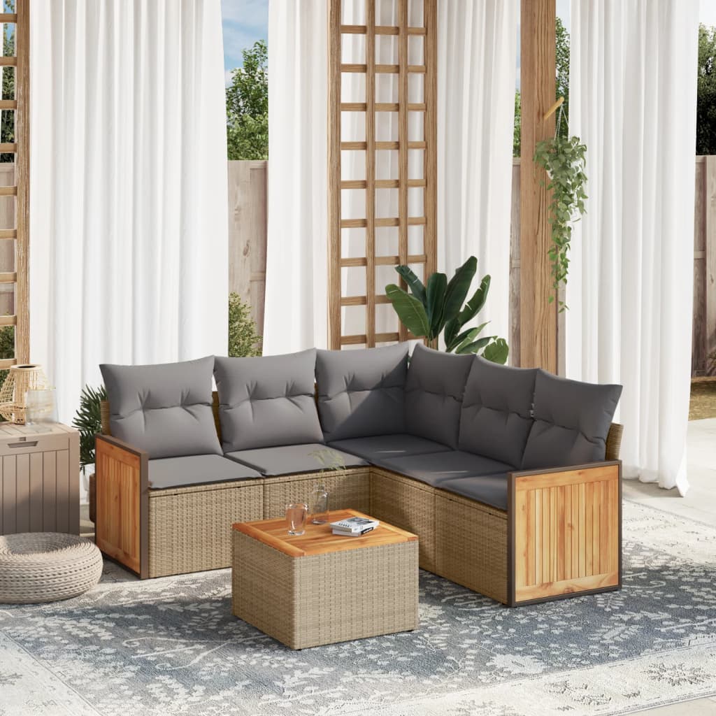 JUNG Vida 6-tlg. Garten-Sofagarnitur mit Kissen Beige Poly Rattan