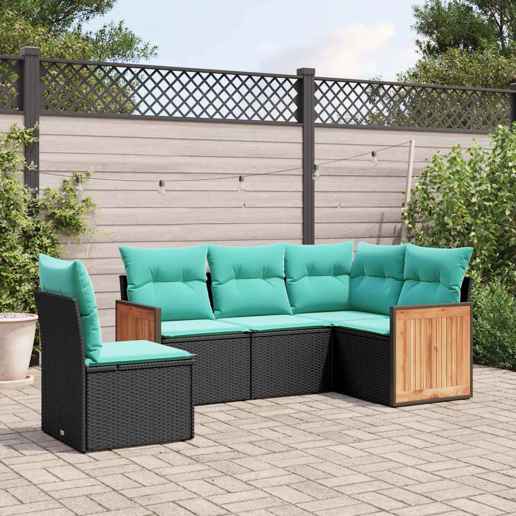 JUNG Vida 5-teiliges Gartensofa-Set mit Kissen, schwarzes Polyrattan