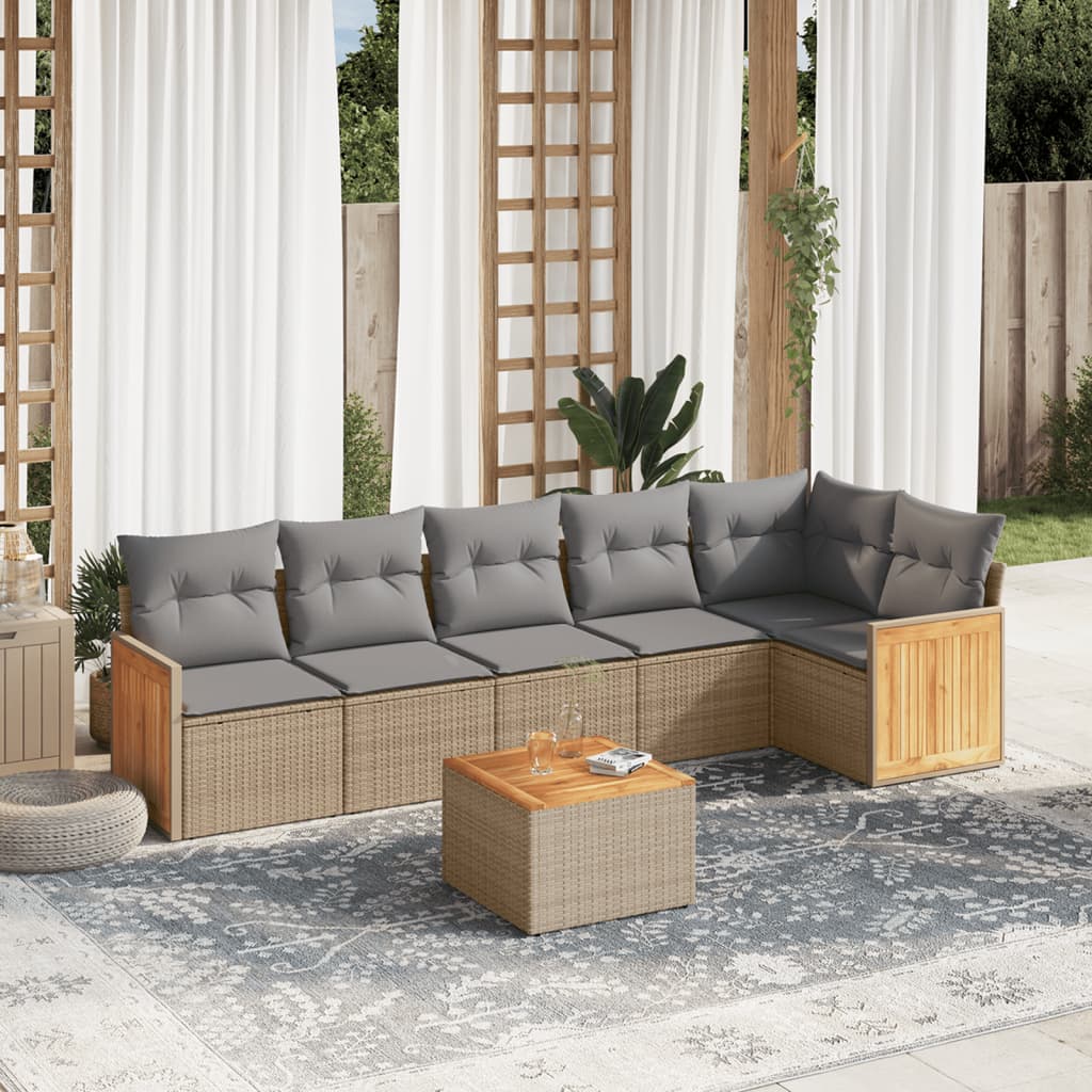 JUNG Vida 7-tlg. Garten-Sofagarnitur mit Kissen Beige Poly Rattan