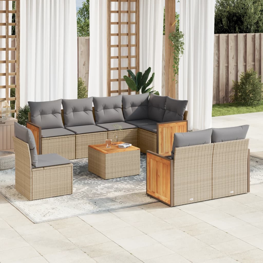 JUNG Vida 9-tlg. Garten-Sofagarnitur mit Kissen Beige Poly Rattan