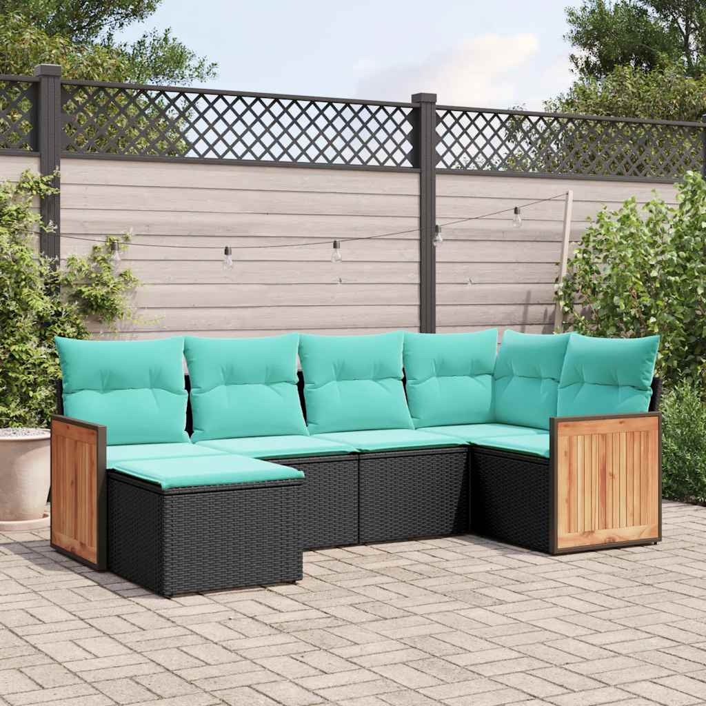 JUNG Vida 6-teiliges Gartensofa-Set mit Kissen, schwarzes Polyrattan