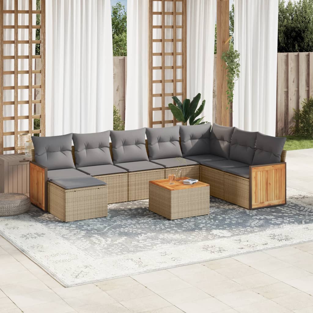 JUNG Vida 9-tlg. Garten-Sofagarnitur mit Kissen Beige Poly Rattan