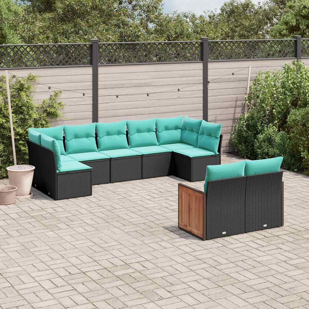 JUNG Vida 9-teiliges Gartensofa-Set mit Kissen, schwarzes Polyrattan