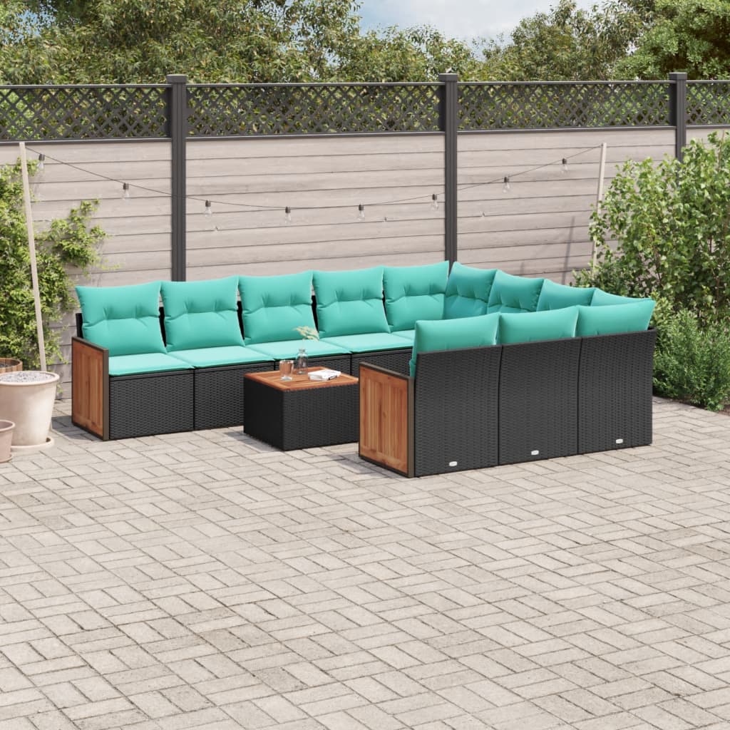 JUNG Vida 11-teiliges Gartensofa-Set mit Kissen, schwarzes Polyrattan