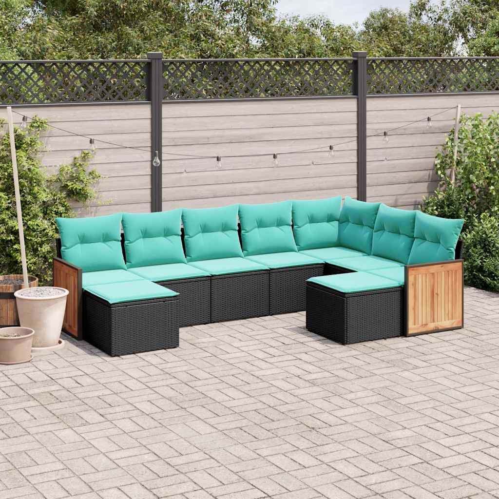 JUNG Vida 9-teiliges Gartensofa-Set mit Kissen, schwarzes Polyrattan