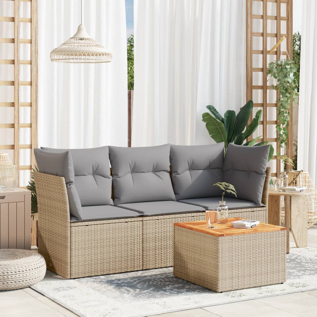 JUNG Vida 4-tlg. Garten-Sofagarnitur mit Kissen Beige Poly Rattan