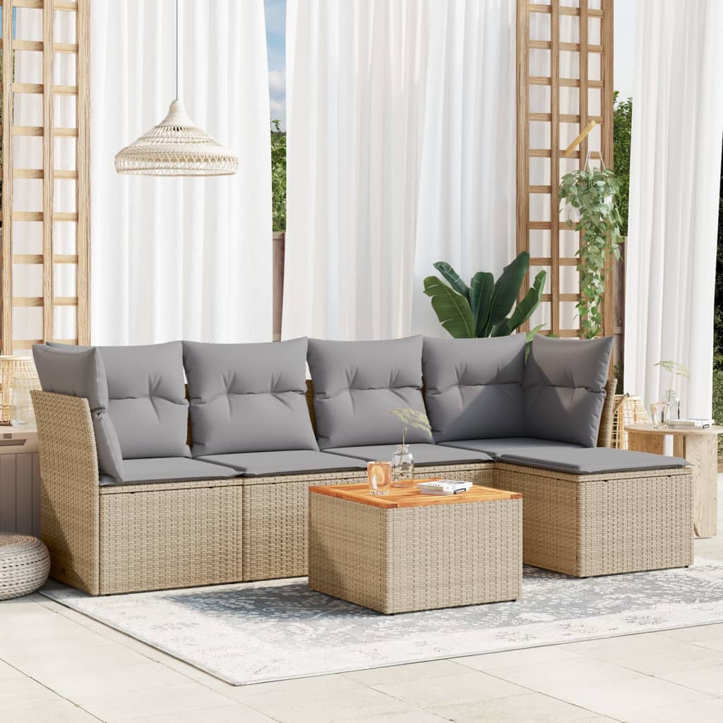 JUNG Vida 6-tlg. Garten-Sofagarnitur mit Kissen Beige Poly Rattan