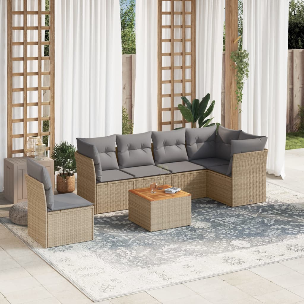 JUNG Vida 7-tlg. Garten-Sofagarnitur mit Kissen Beige Poly Rattan
