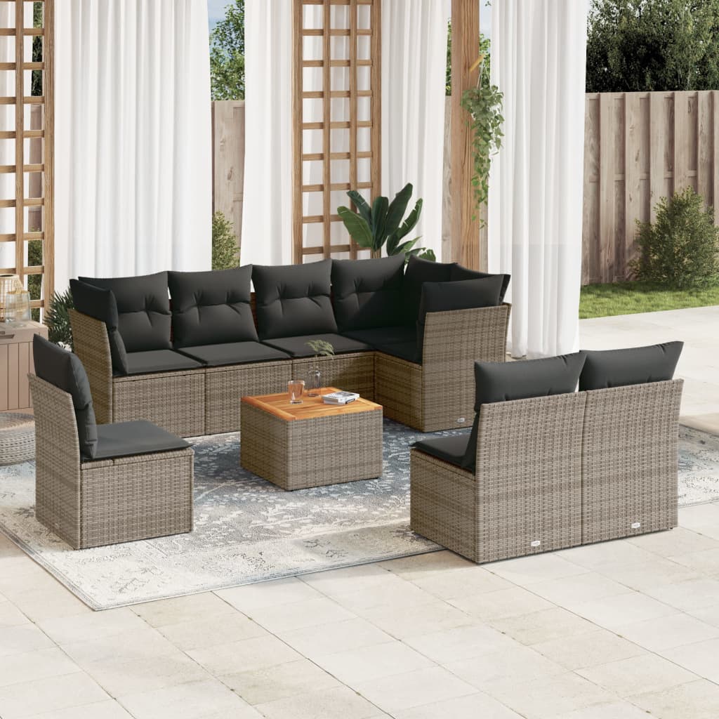 JUNG Vida 9-tlg. Garten-Sofagarnitur mit Kissen Grau Poly Rattan