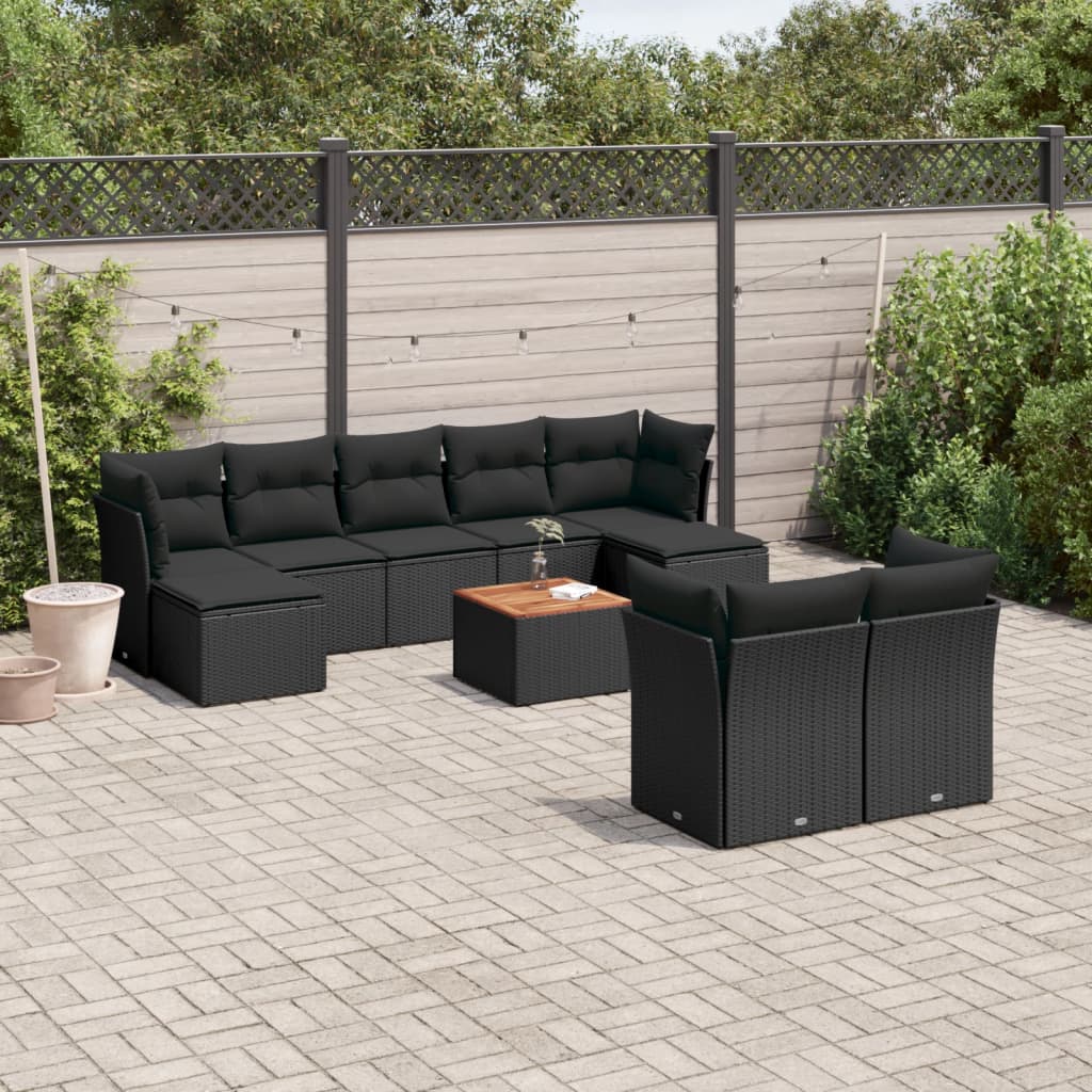 JUNG Vida 10-tlg. Garten-Sofagarnitur mit Kissen Schwarz Poly Rattan