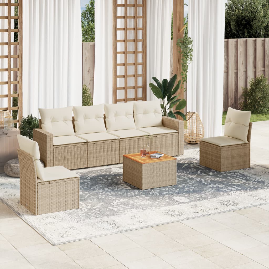 JUNG Vida 7-tlg. Garten-Sofagarnitur mit Kissen Beige Poly Rattan