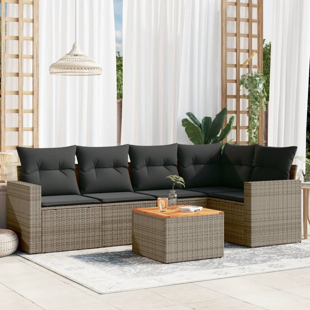 JUNG Vida 6-tlg. Garten-Sofagarnitur mit Kissen Grau Poly Rattan