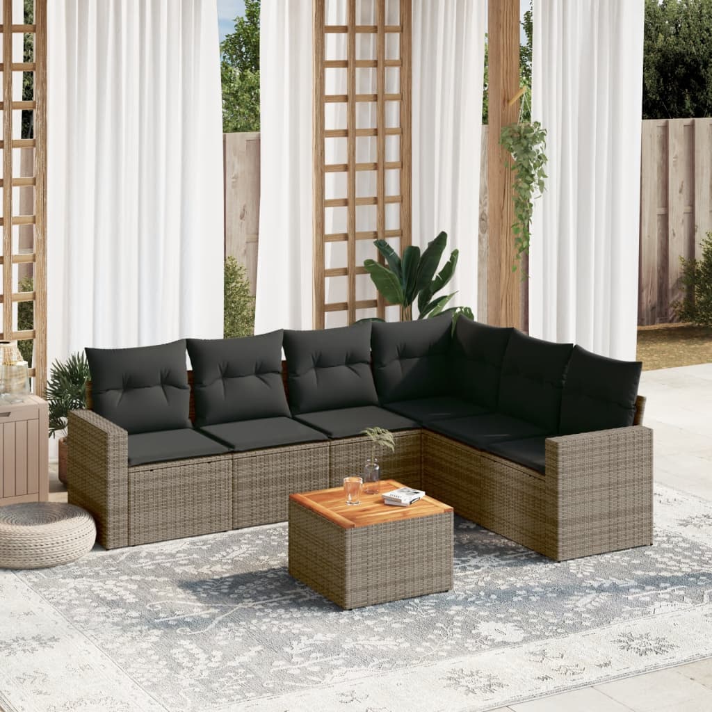 JUNG Vida 7-tlg. Garten-Sofagarnitur mit Kissen Grau Poly Rattan