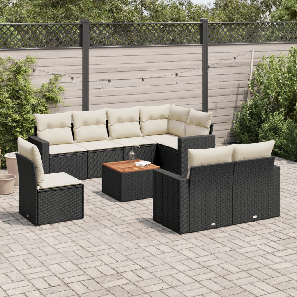 JUNG Vida 9-tlg. Garten-Sofagarnitur mit Kissen Schwarz Poly Rattan