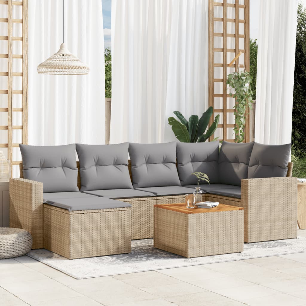 JUNG Vida 7-tlg. Garten-Sofagarnitur mit Kissen Beige Poly Rattan