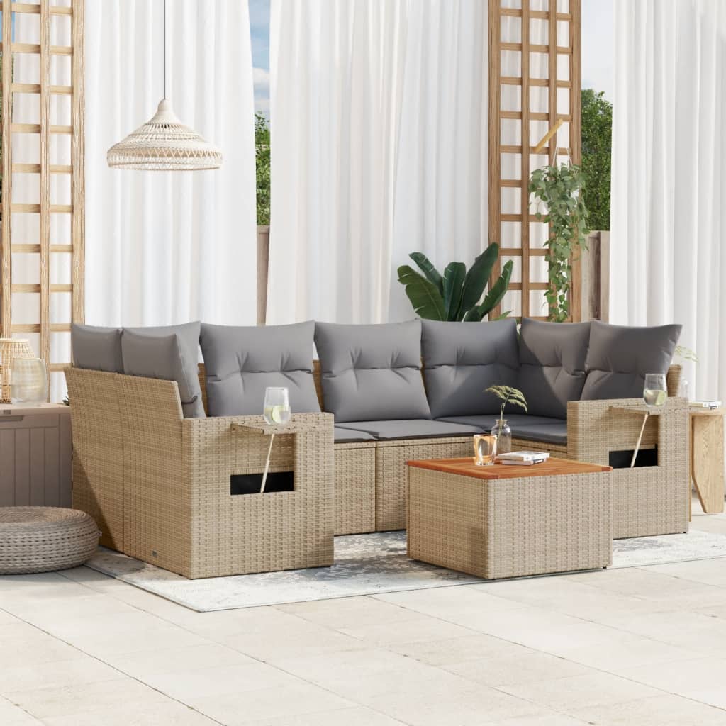 JUNG Vida 7-tlg. Garten-Sofagarnitur mit Kissen Beige Poly Rattan