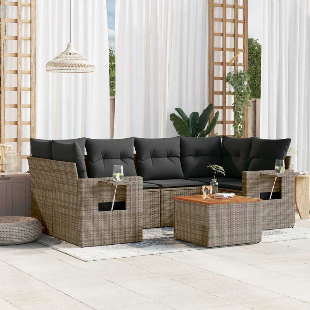 JUNG Vida 7-tlg. Garten-Sofagarnitur mit Kissen Grau Poly Rattan