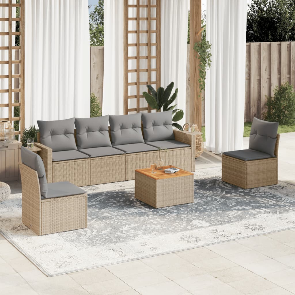 JUNG Vida 7-tlg. Garten-Sofagarnitur mit Kissen Beige Poly Rattan