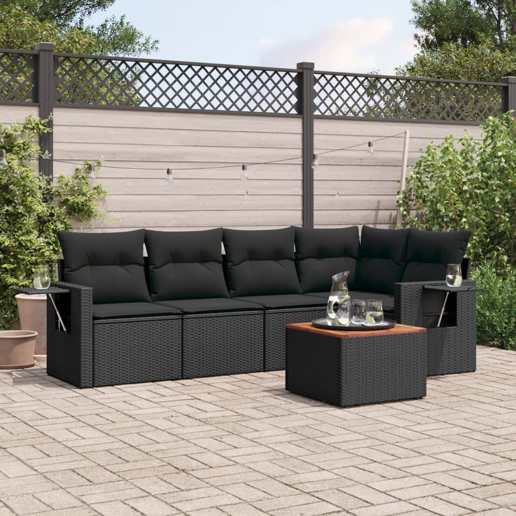 JUNG Vida 6-tlg. Garten-Sofagarnitur mit Kissen Schwarz Poly Rattan