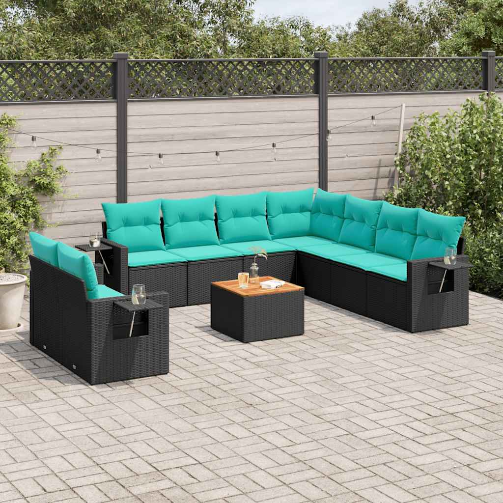 JUNG Vida 10-teiliges Gartensofa-Set mit Kissen, schwarzes Polyrattan