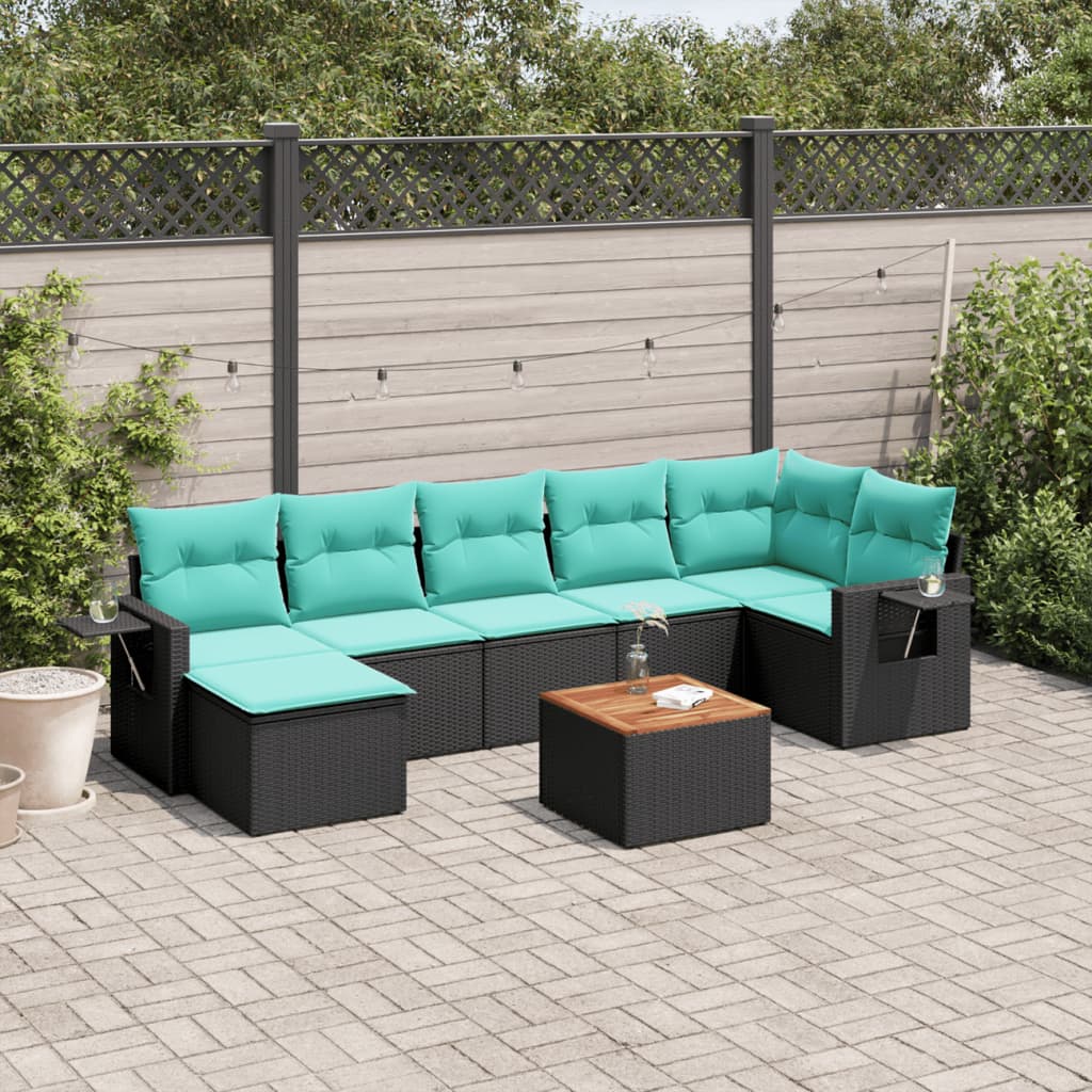 JUNG Vida 8-teiliges Gartensofa-Set mit Kissen, schwarzes Polyrattan