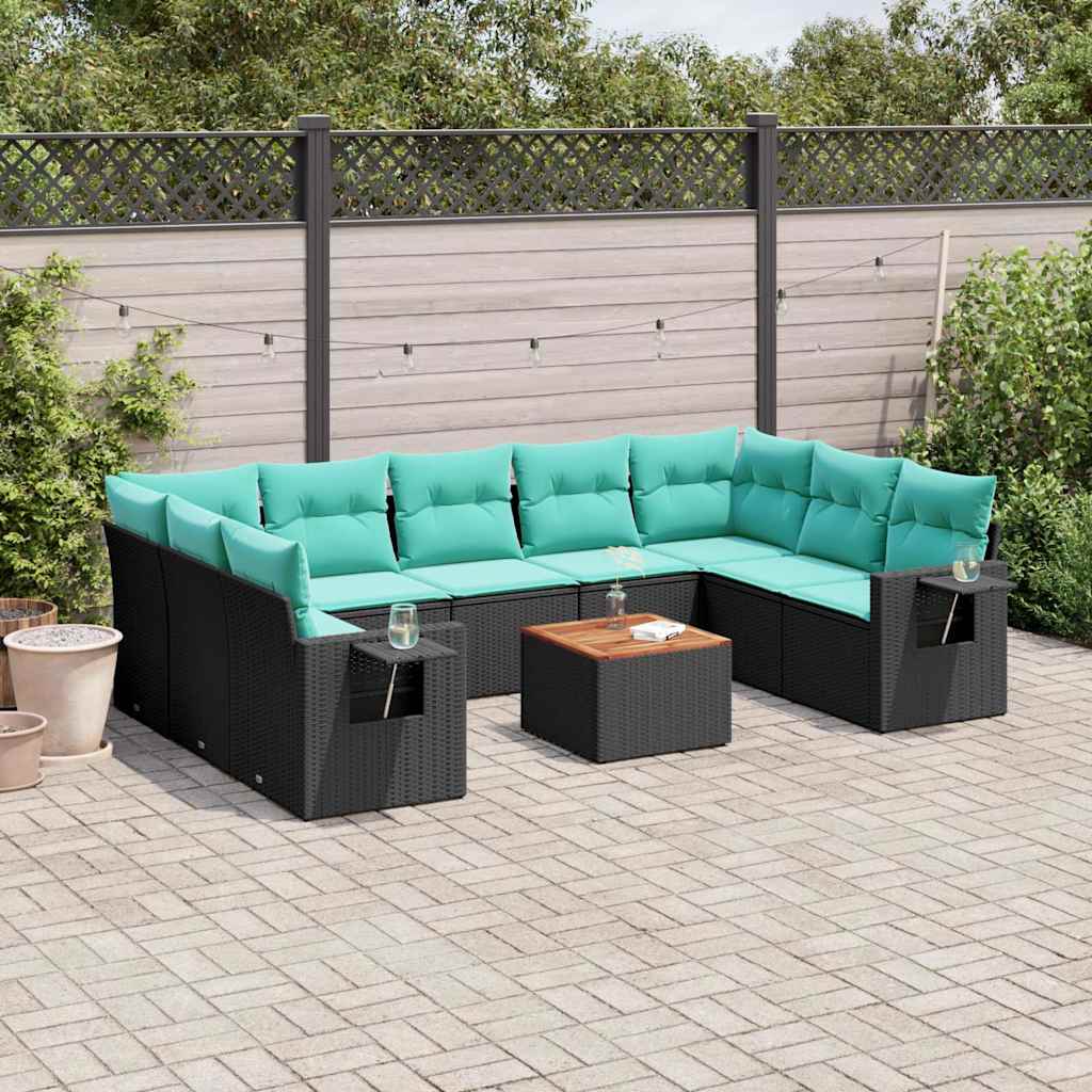 JUNG Vida 10-teiliges Gartensofa-Set mit Kissen, schwarzes Polyrattan