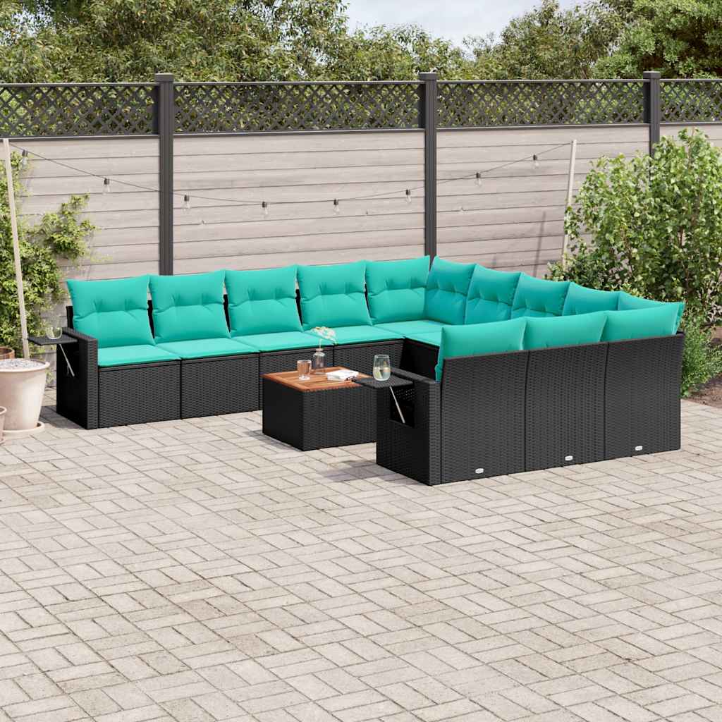 JUNG Vida 12-teiliges Gartensofa-Set mit Kissen, schwarzes Polyrattan