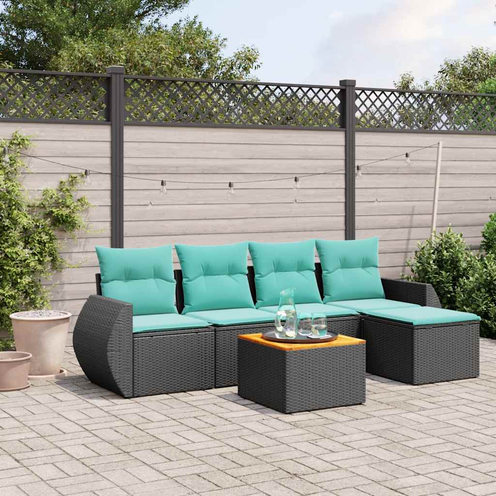 JUNG Vida 6-teiliges Gartensofa-Set mit Kissen, schwarzes Polyrattan
