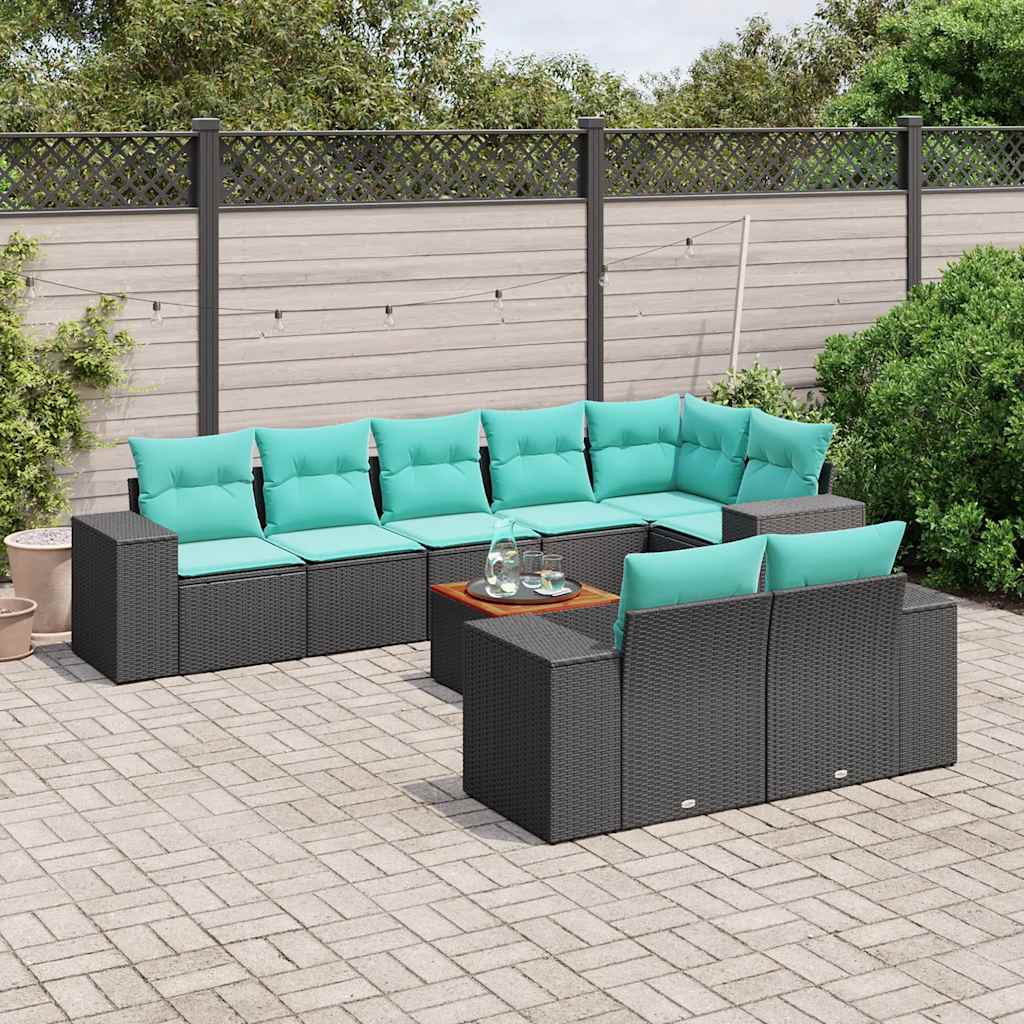 JUNG Vida 9-teiliges Gartensofa-Set mit Kissen, schwarzes Polyrattan