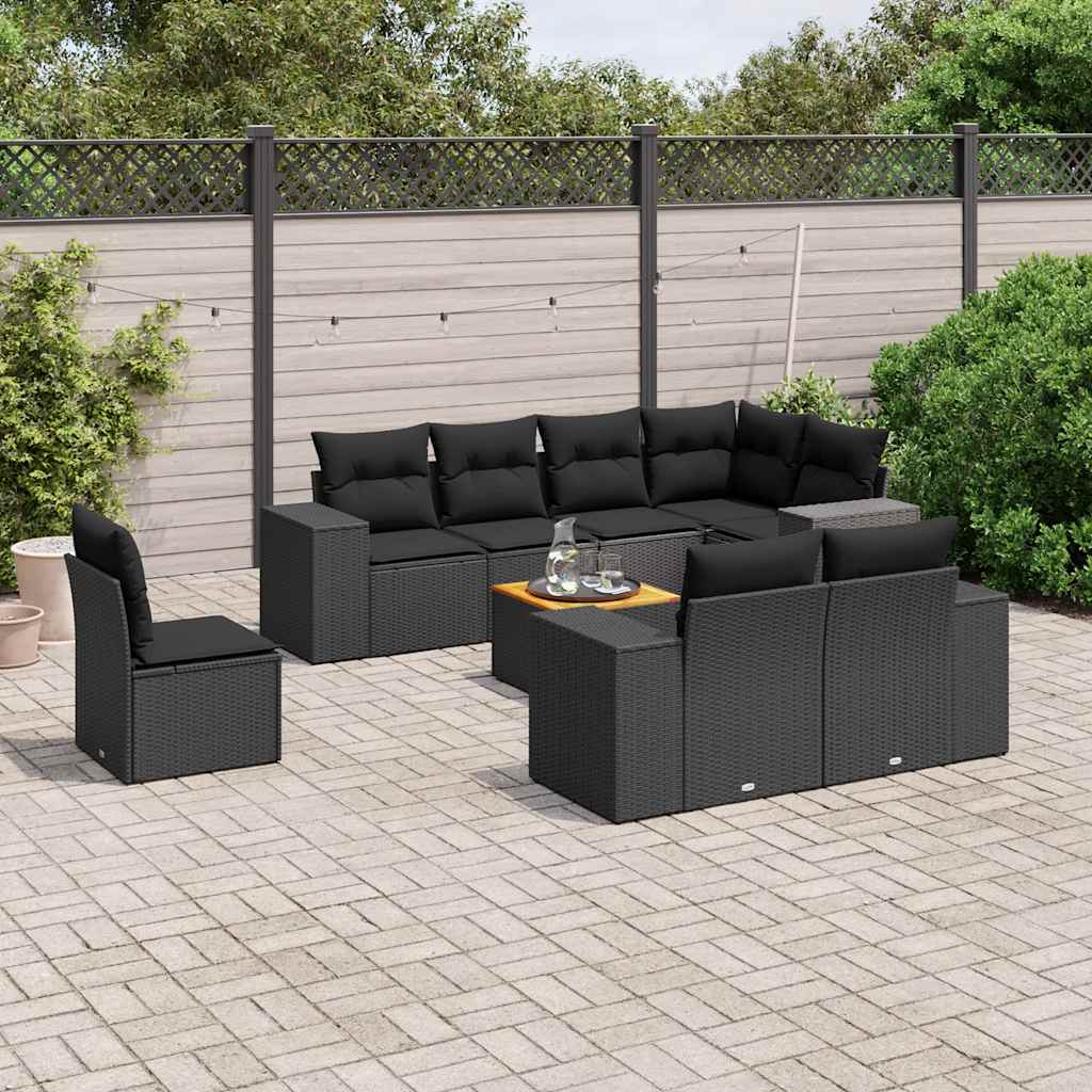 JUNG Vida 9-tlg. Garten-Sofagarnitur mit Kissen Schwarz Poly Rattan