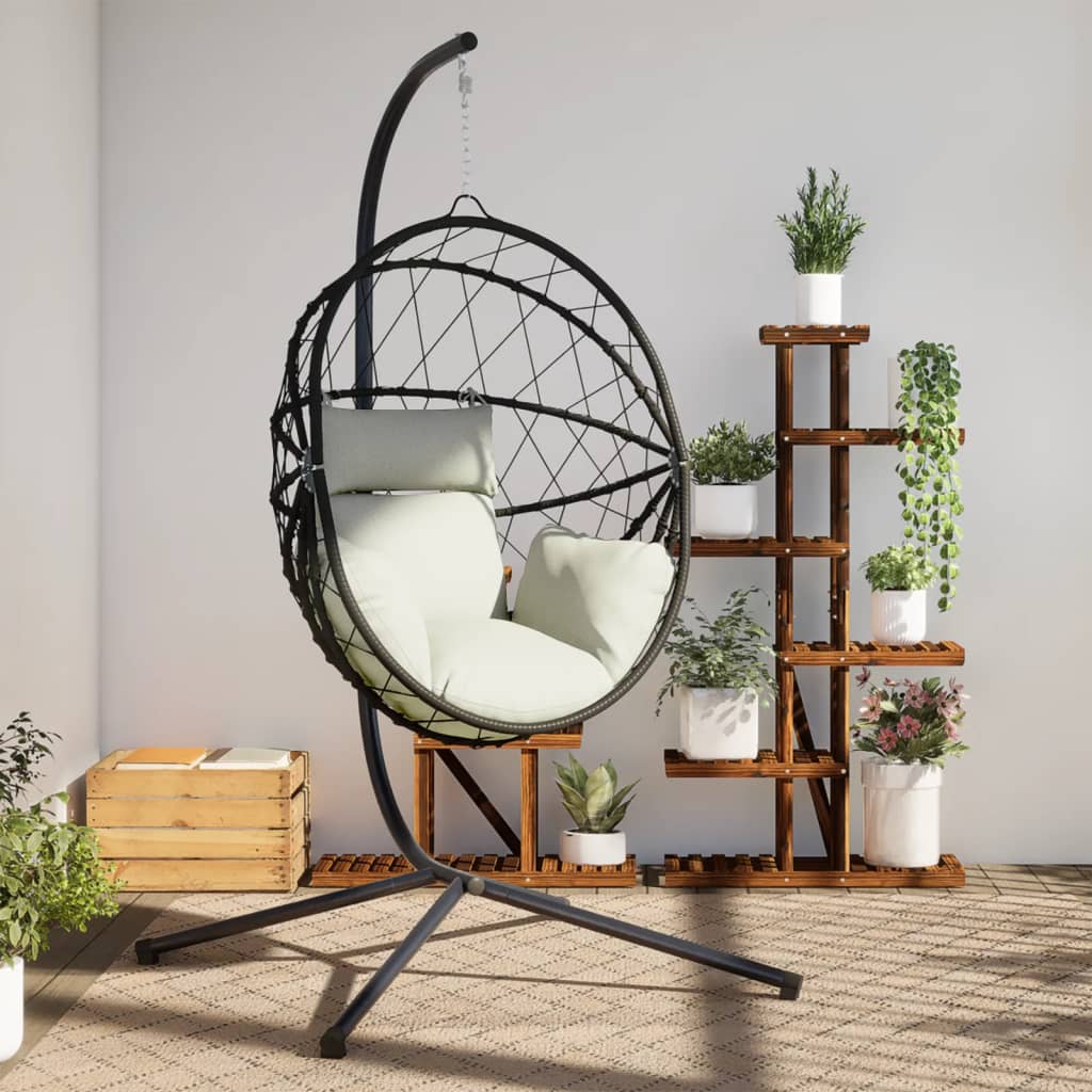 JUNG Vida Hängesessel Ei-Design mit Ständer Beige Rattan und Stahl