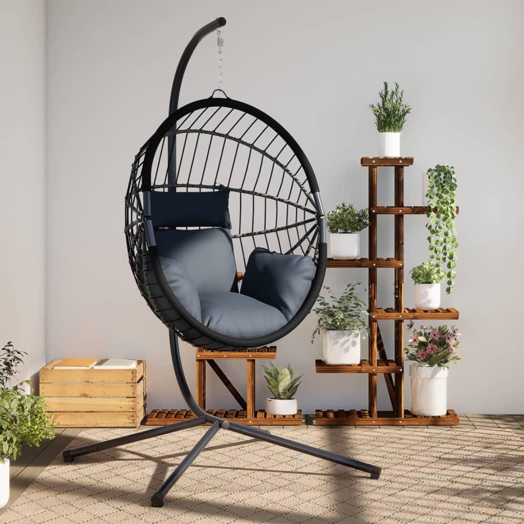 JUNG Vida Hängesessel Ei-Design mit Ständer Anthrazit Rattan und Stahl