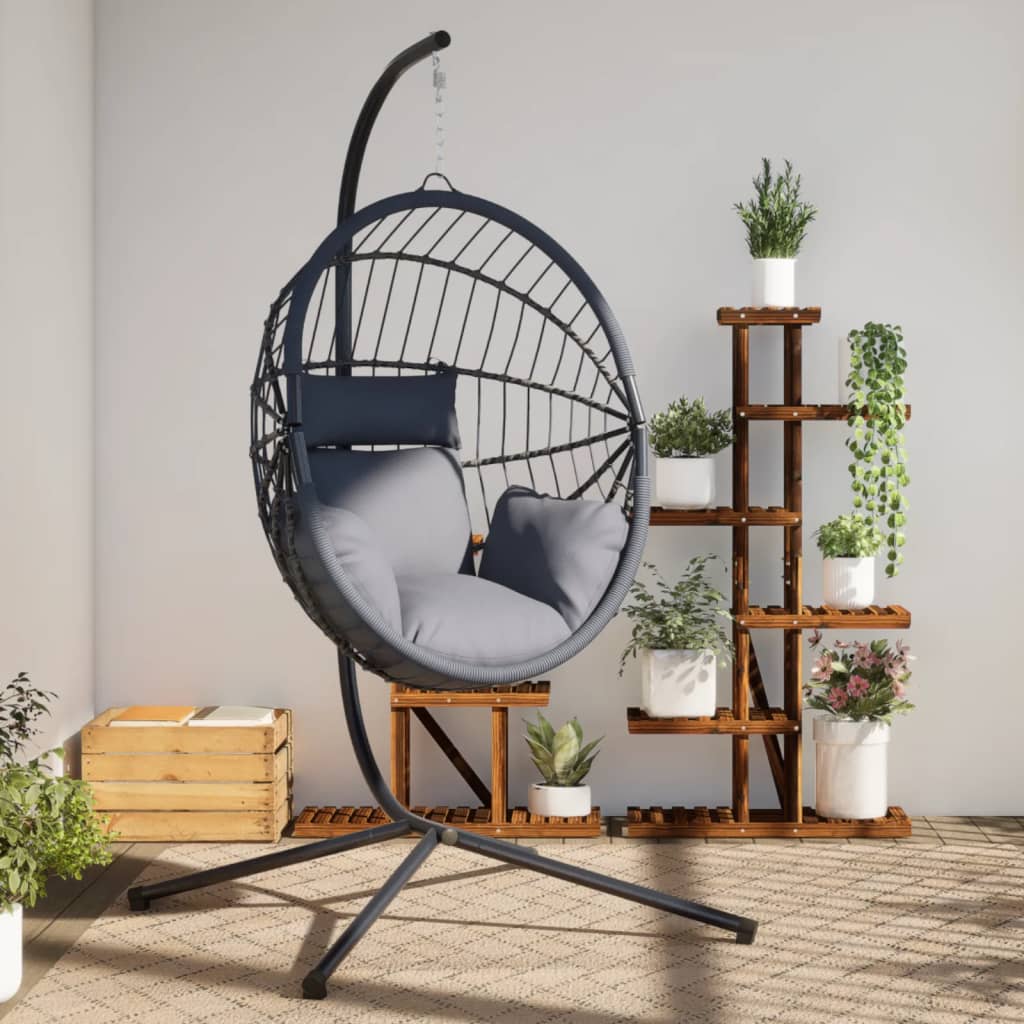 JUNG Vida Hängesessel Ei-Design mit Ständer Grau Rattan und Stahl