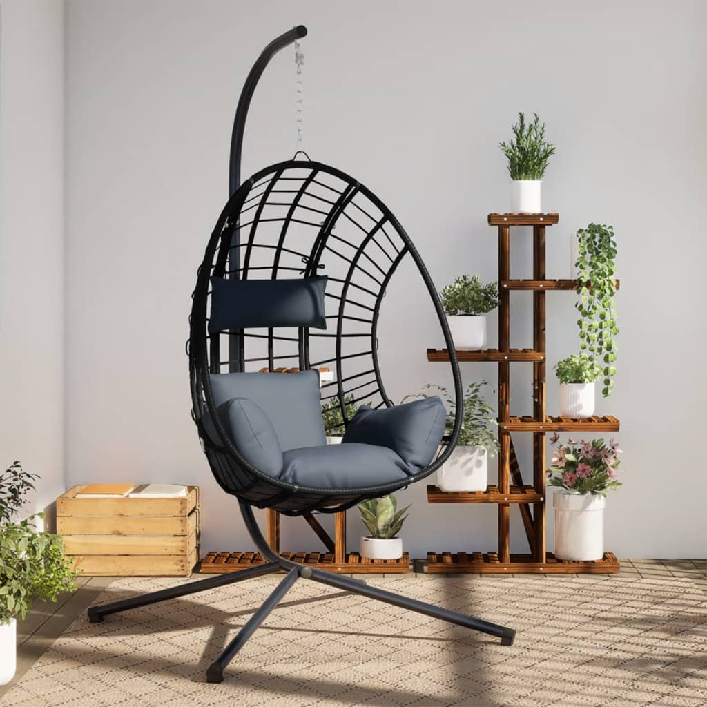 JUNG Vida Hängesessel Ei-Design mit Ständer Anthrazit Rattan und Stahl