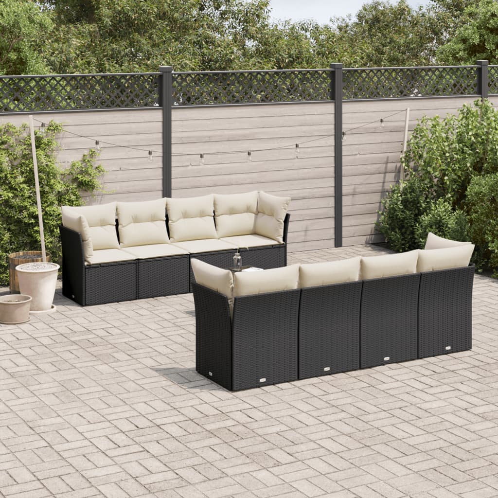 JUNG Vida 9-tlg. Garten-Sofagarnitur mit Kissen Schwarz Poly Rattan