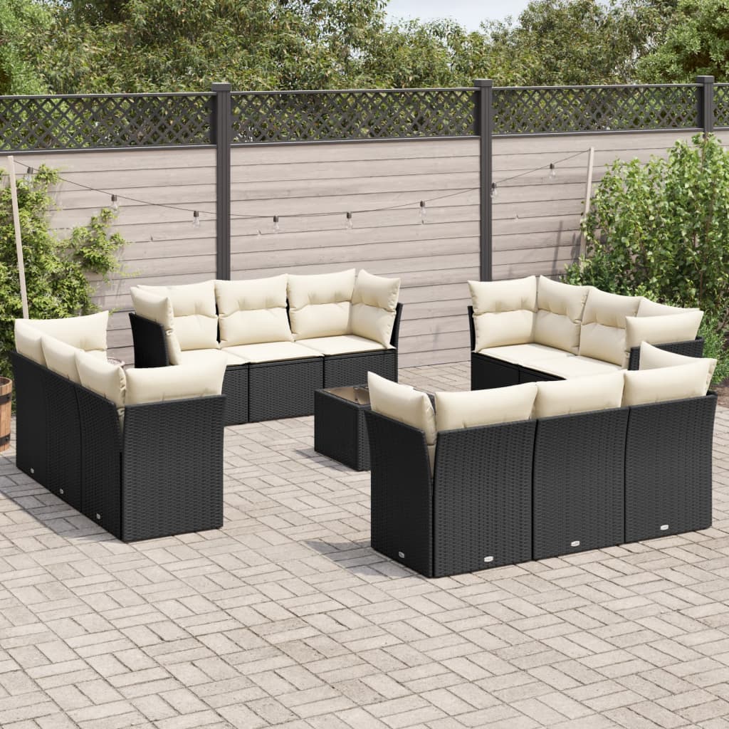 JUNG Vida 13-tlg. Garten-Sofagarnitur mit Kissen Schwarz Poly Rattan